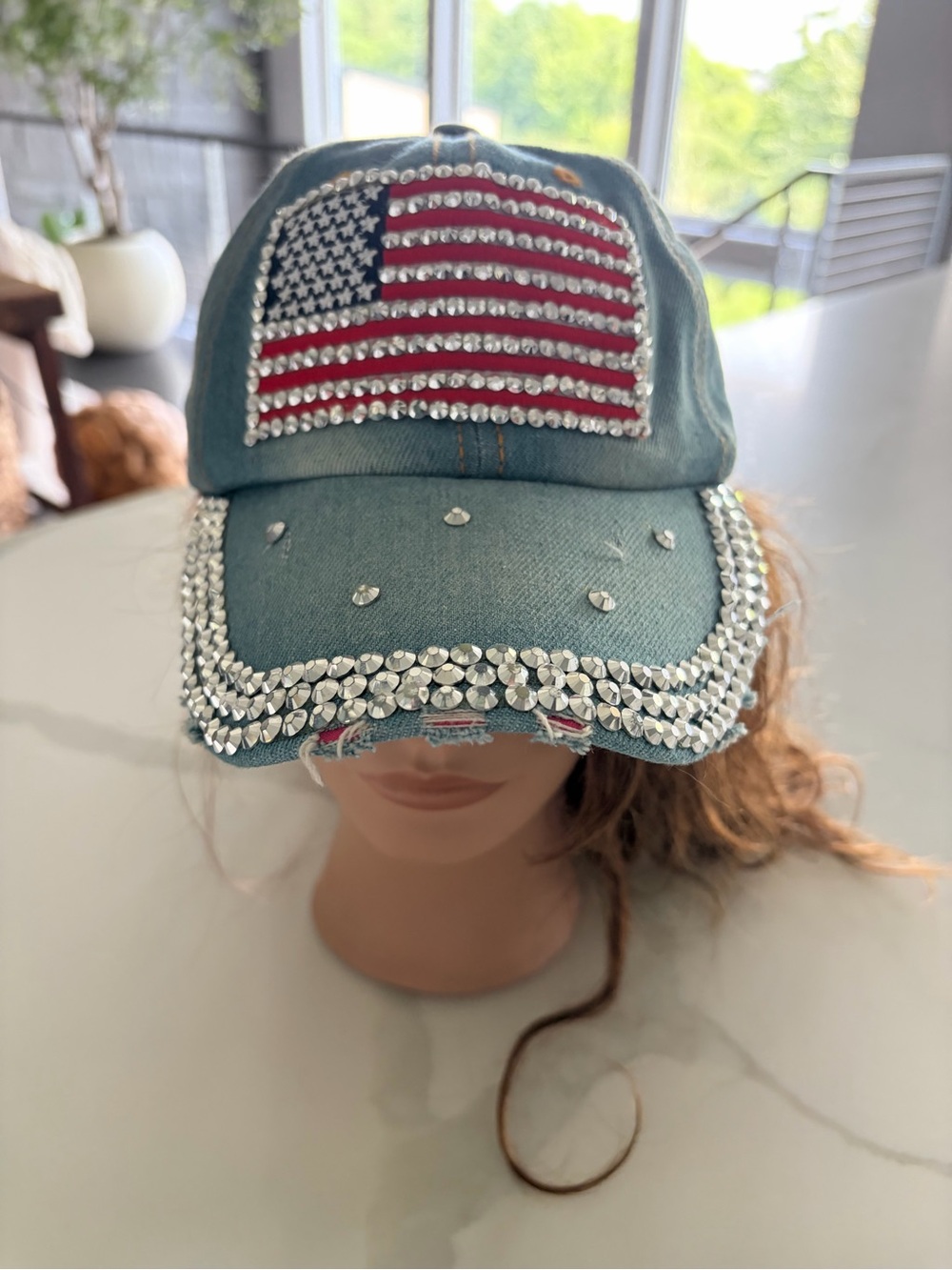 Embellished Denim Cap with Rhinestone American Flag